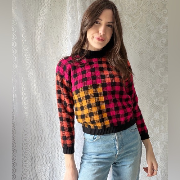 Vintage Sweaters - Vintage 80s Buffalo Check Sweater Pink Orange Black Cropped Knit Top